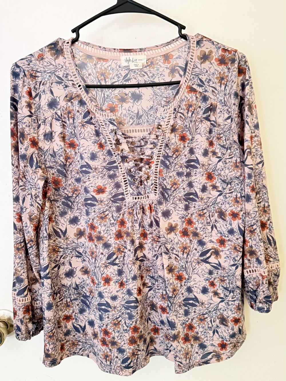 Style & Co. Pink Floral Lace-Up Women's Top